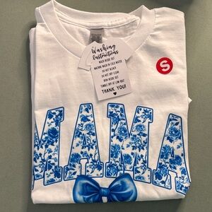 White T-Shirt with Blue Floral 'MAMA' Design